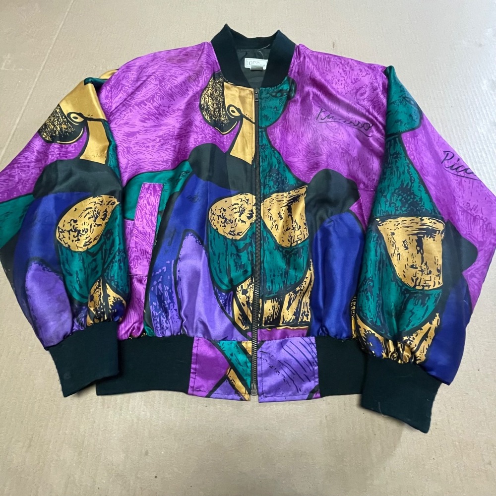 Picasso Wearable Art Satin Bomber Jacket Retro Colorful Abstract 90s Size XL OS